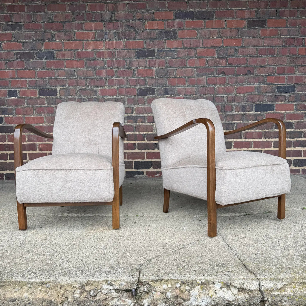 Pair of Restored European Modern Lounge Chairs in Teddy Mohair Style Fabric