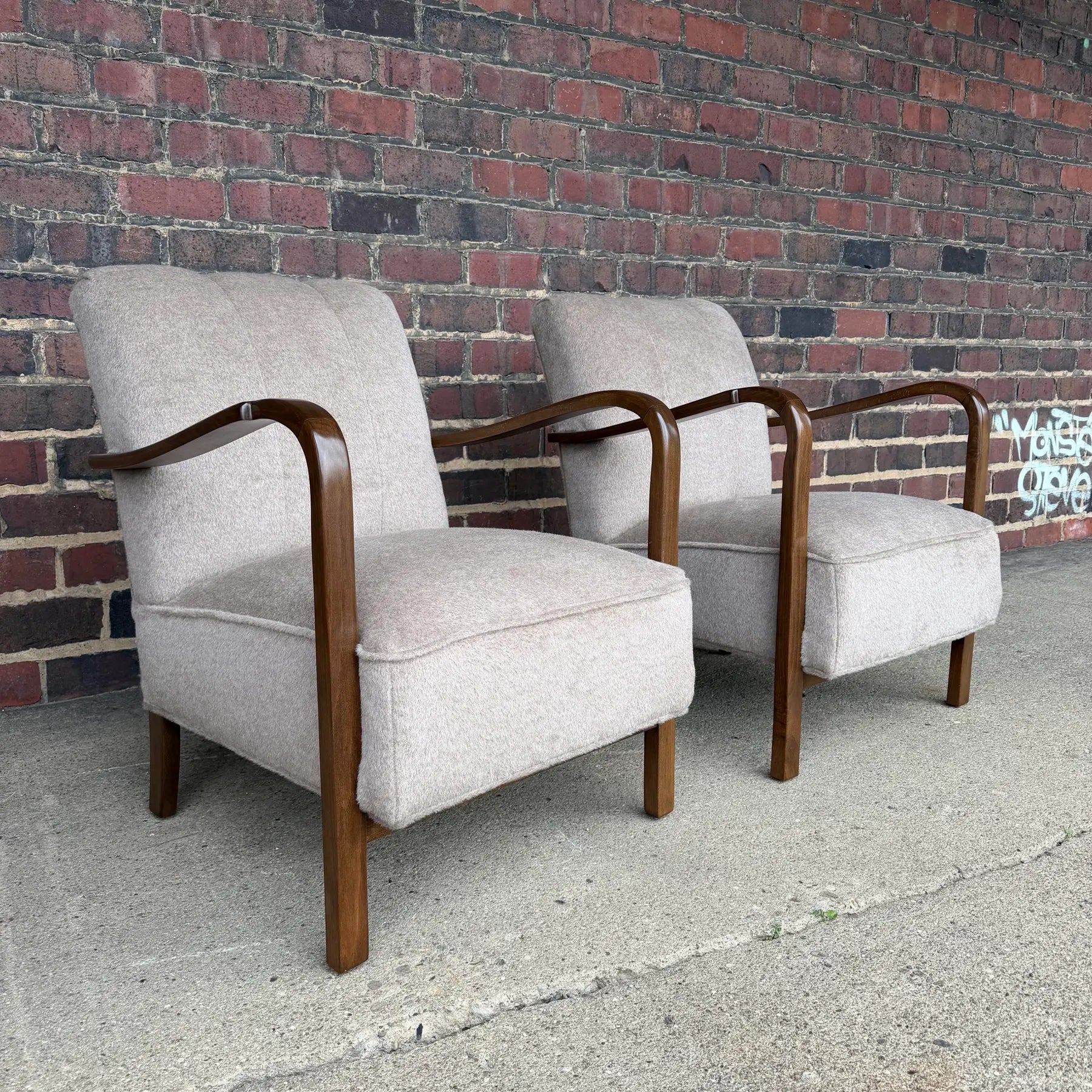Pair of Restored European Modern Lounge Chairs in Teddy Mohair Style Fabric