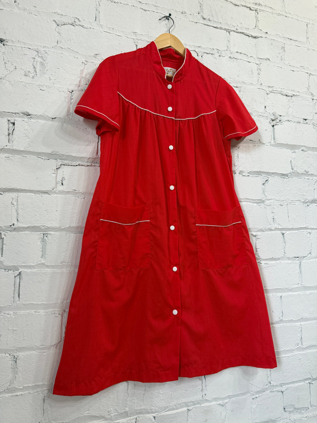 Red button up house dress
