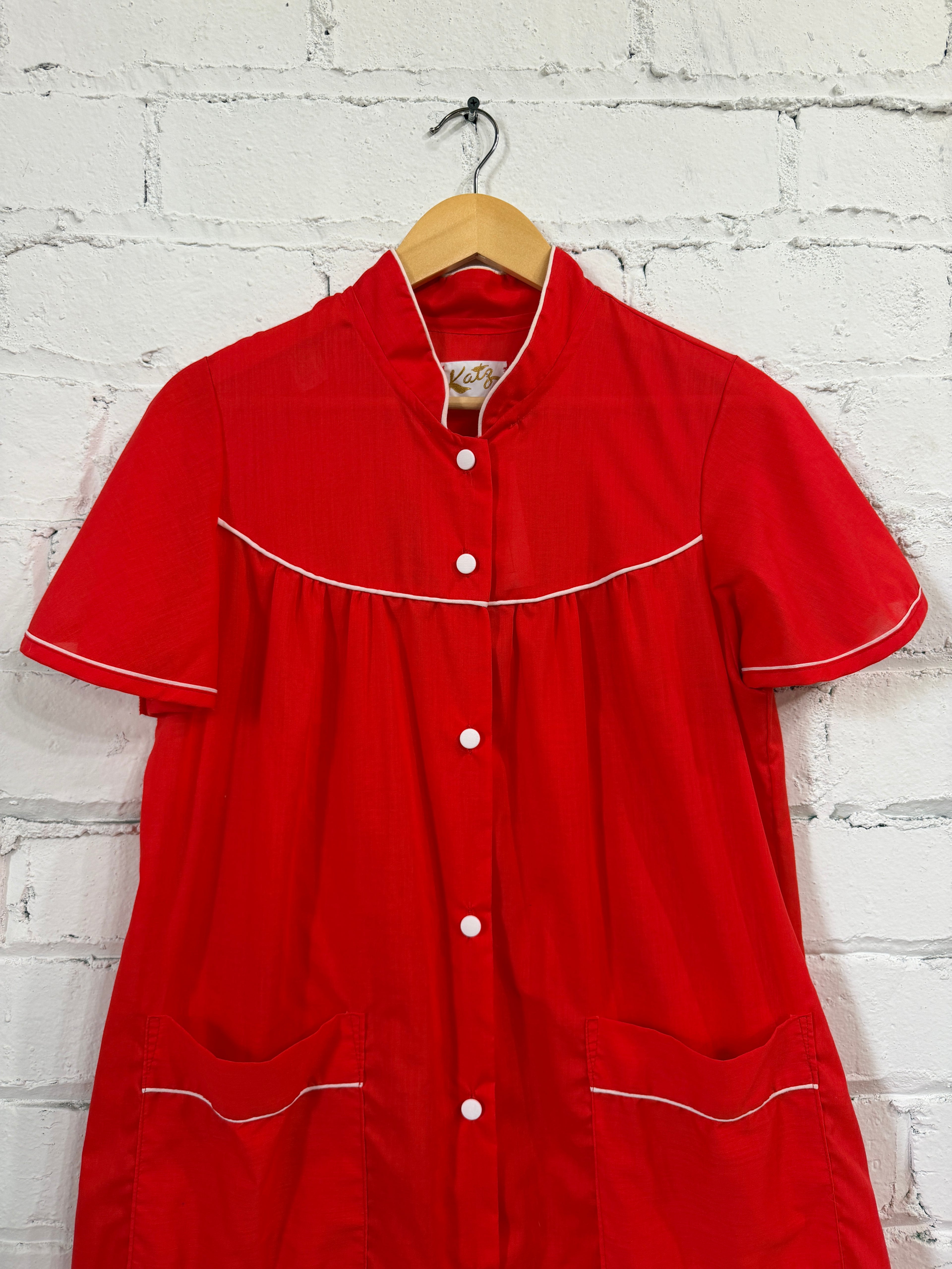 Red button up house dress