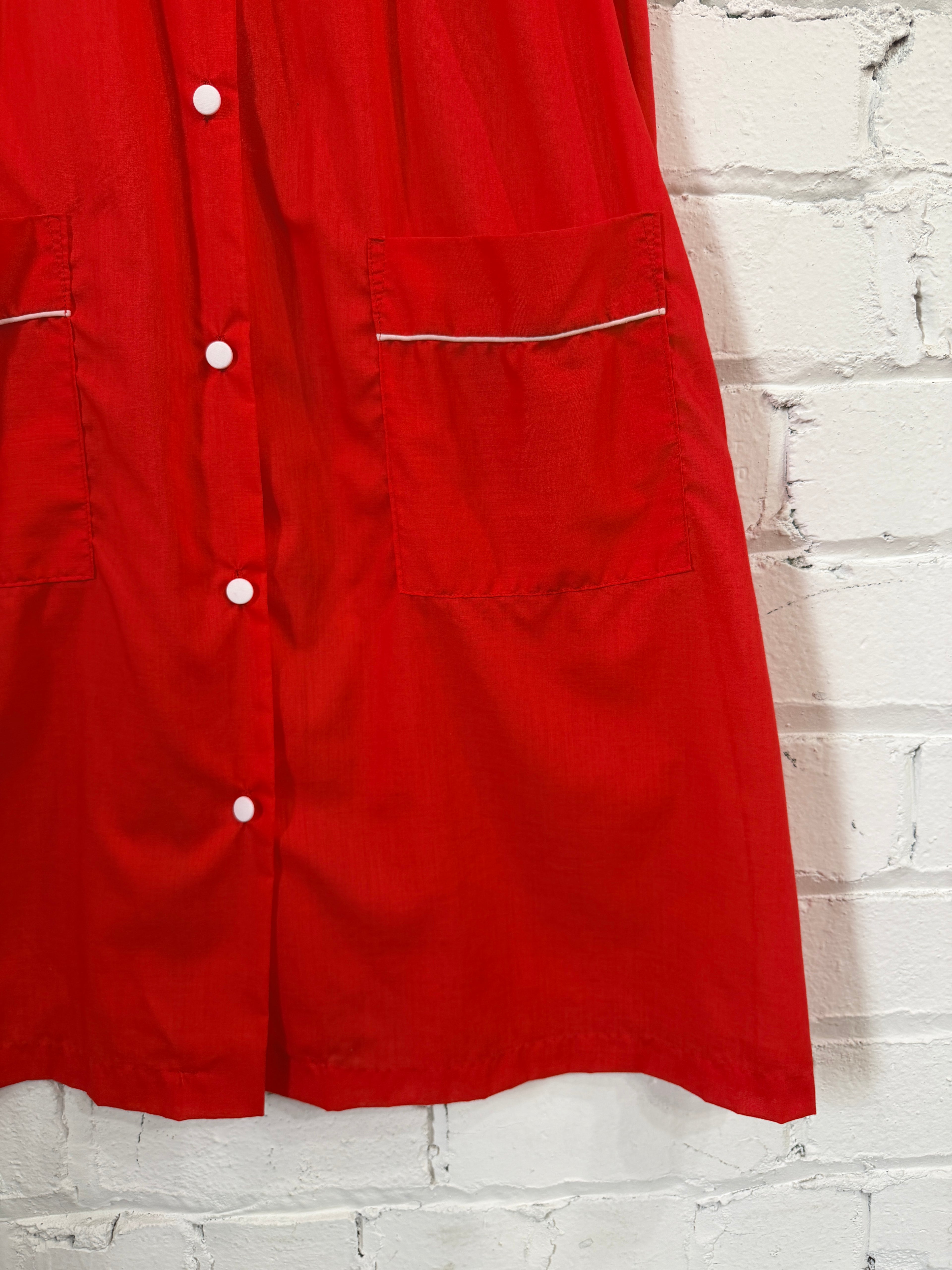 Red button up house dress