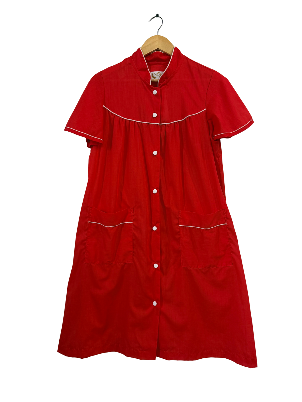 Red button up house dress