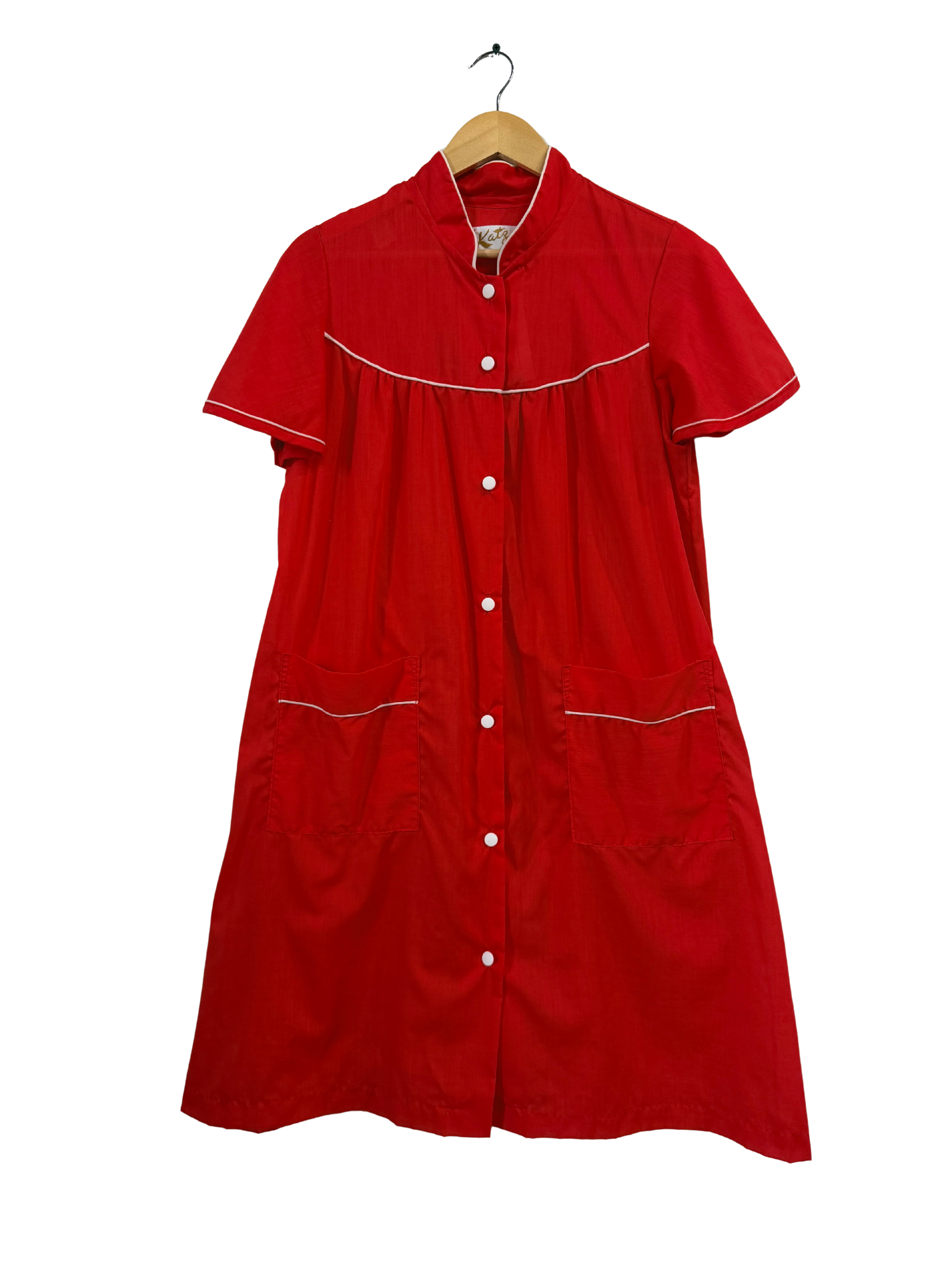 Red button up house dress