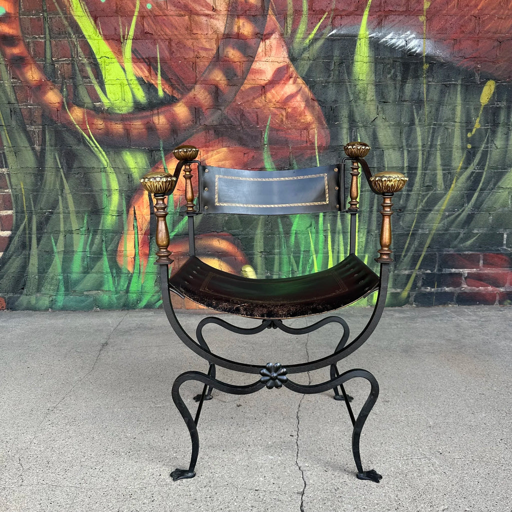 Mid-20th Century Iron and Tooled Leather Savonarola Chair
