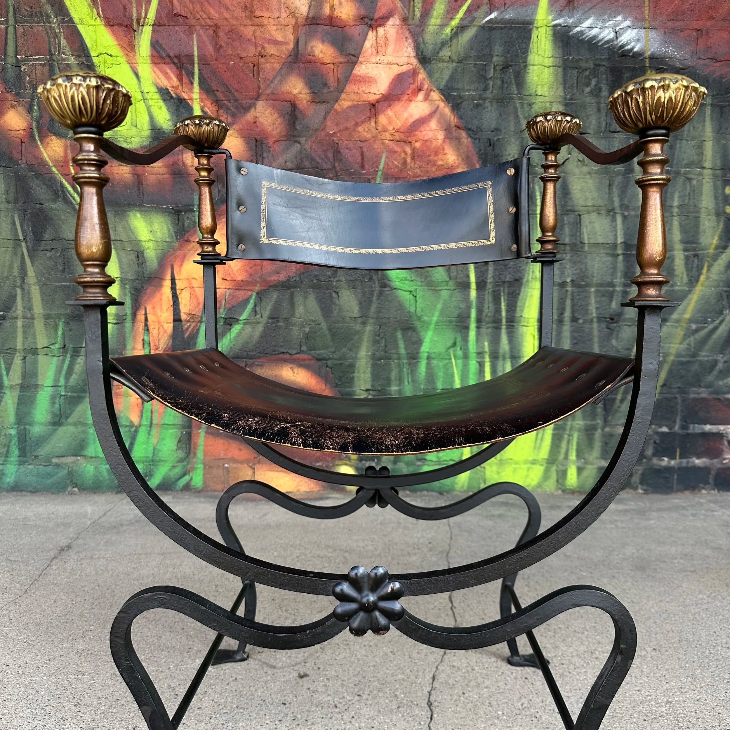 Mid-20th Century Iron and Tooled Leather Savonarola Chair