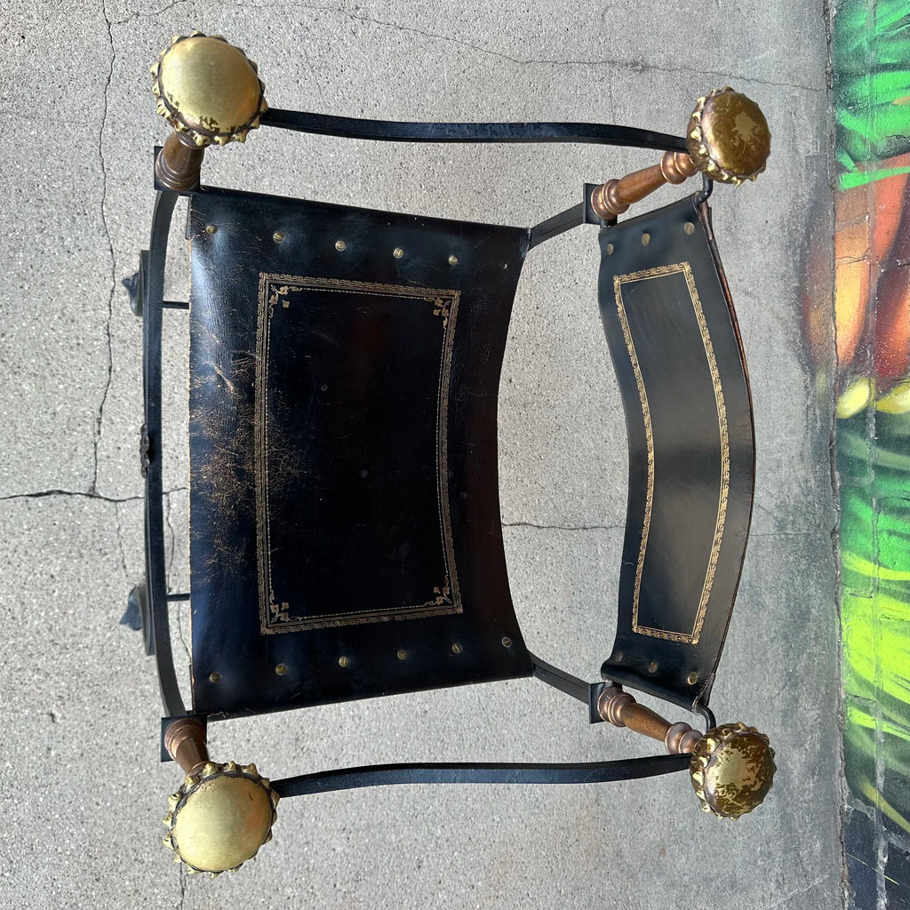 Mid-20th Century Iron and Tooled Leather Savonarola Chair