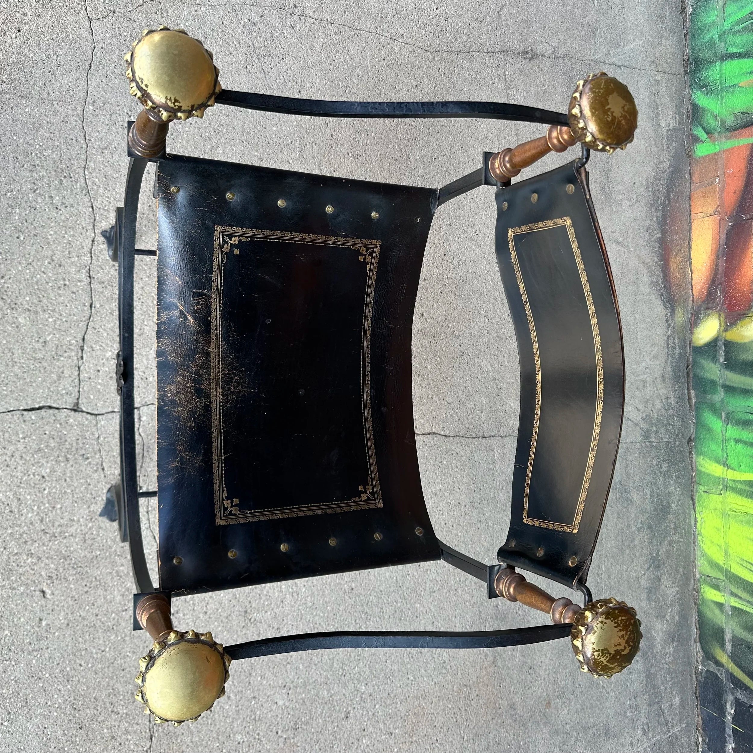 Mid-20th Century Iron and Tooled Leather Savonarola Chair