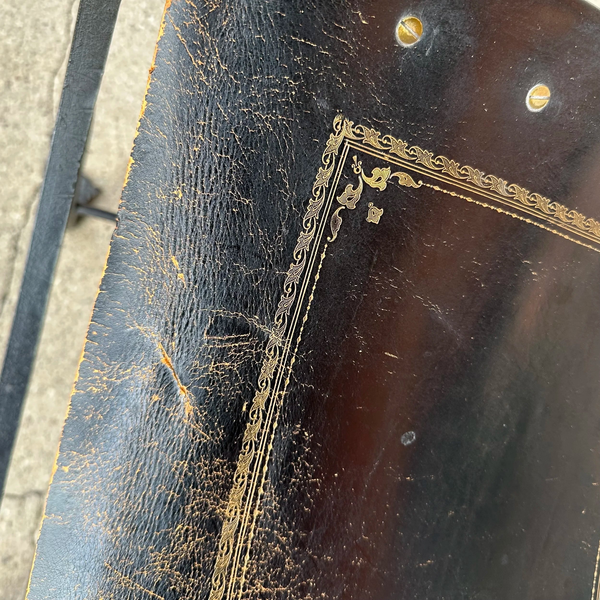 Mid-20th Century Iron and Tooled Leather Savonarola Chair