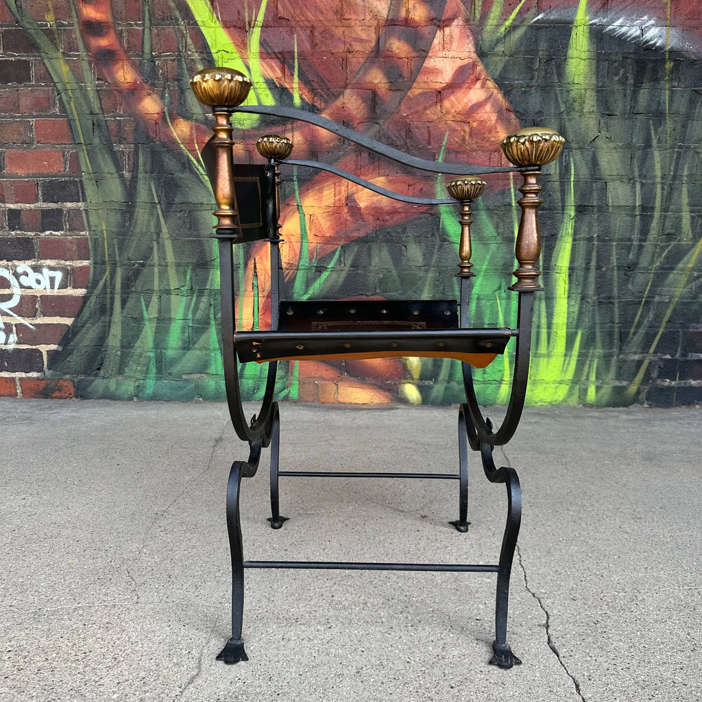 Mid-20th Century Iron and Tooled Leather Savonarola Chair