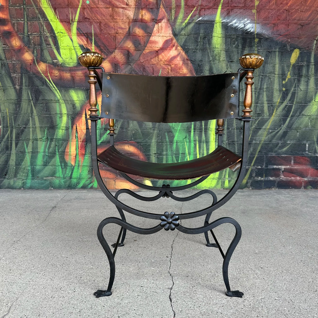 Mid-20th Century Iron and Tooled Leather Savonarola Chair