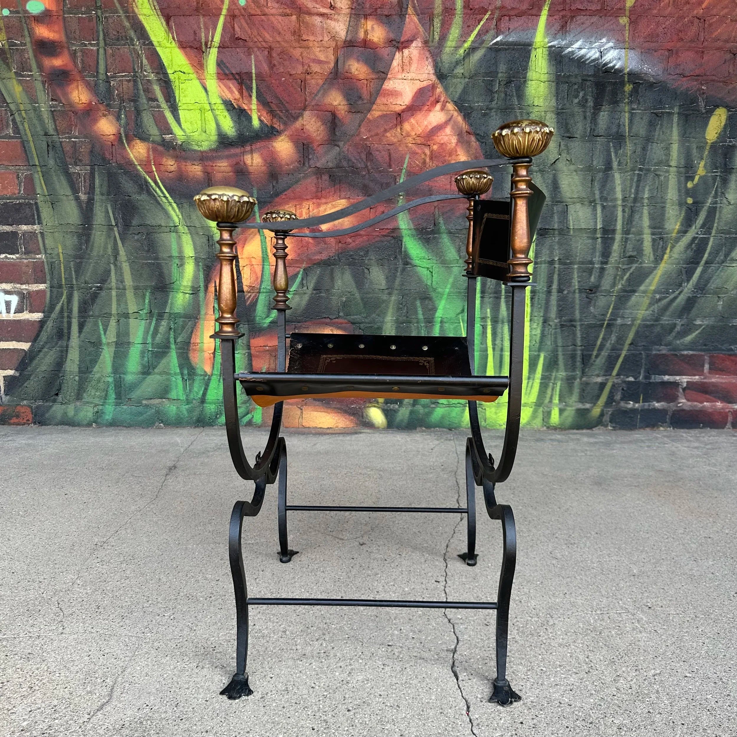 Mid-20th Century Iron and Tooled Leather Savonarola Chair