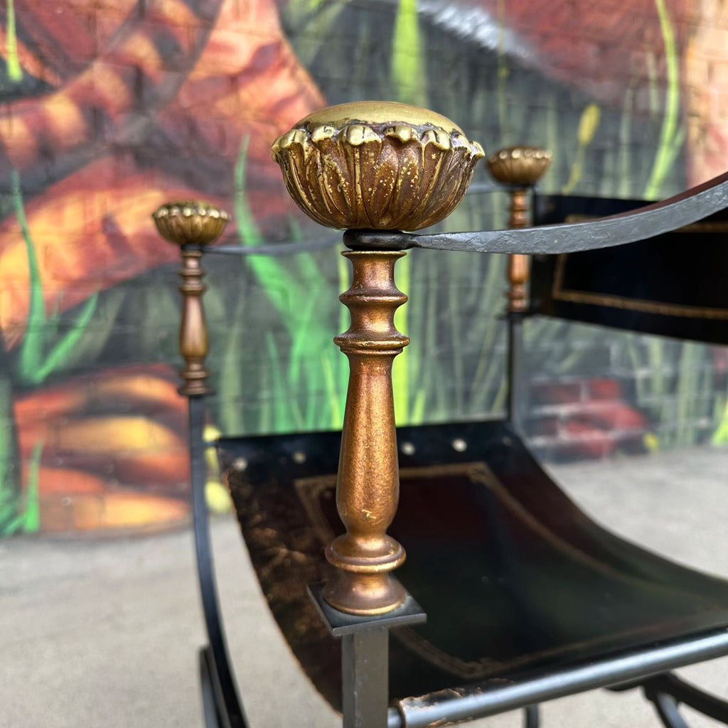 Mid-20th Century Iron and Tooled Leather Savonarola Chair