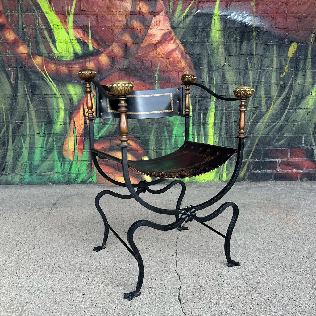 Mid-20th Century Iron and Tooled Leather Savonarola Chair