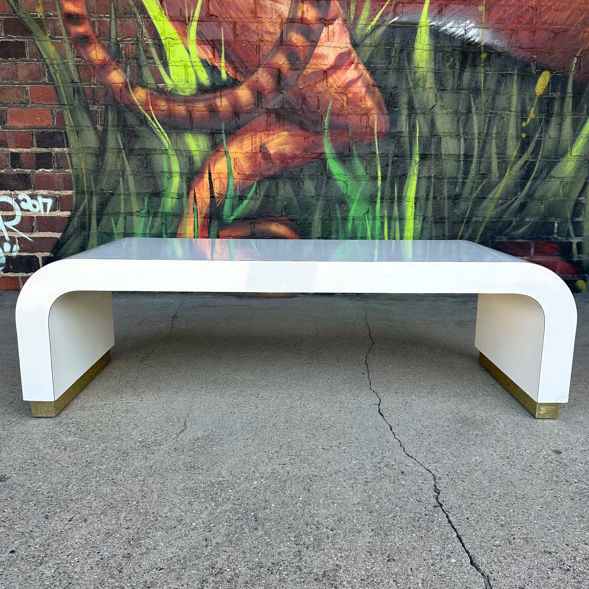 Postmodern Springer-Style Waterfall Edge Coffee Table Brass Capped