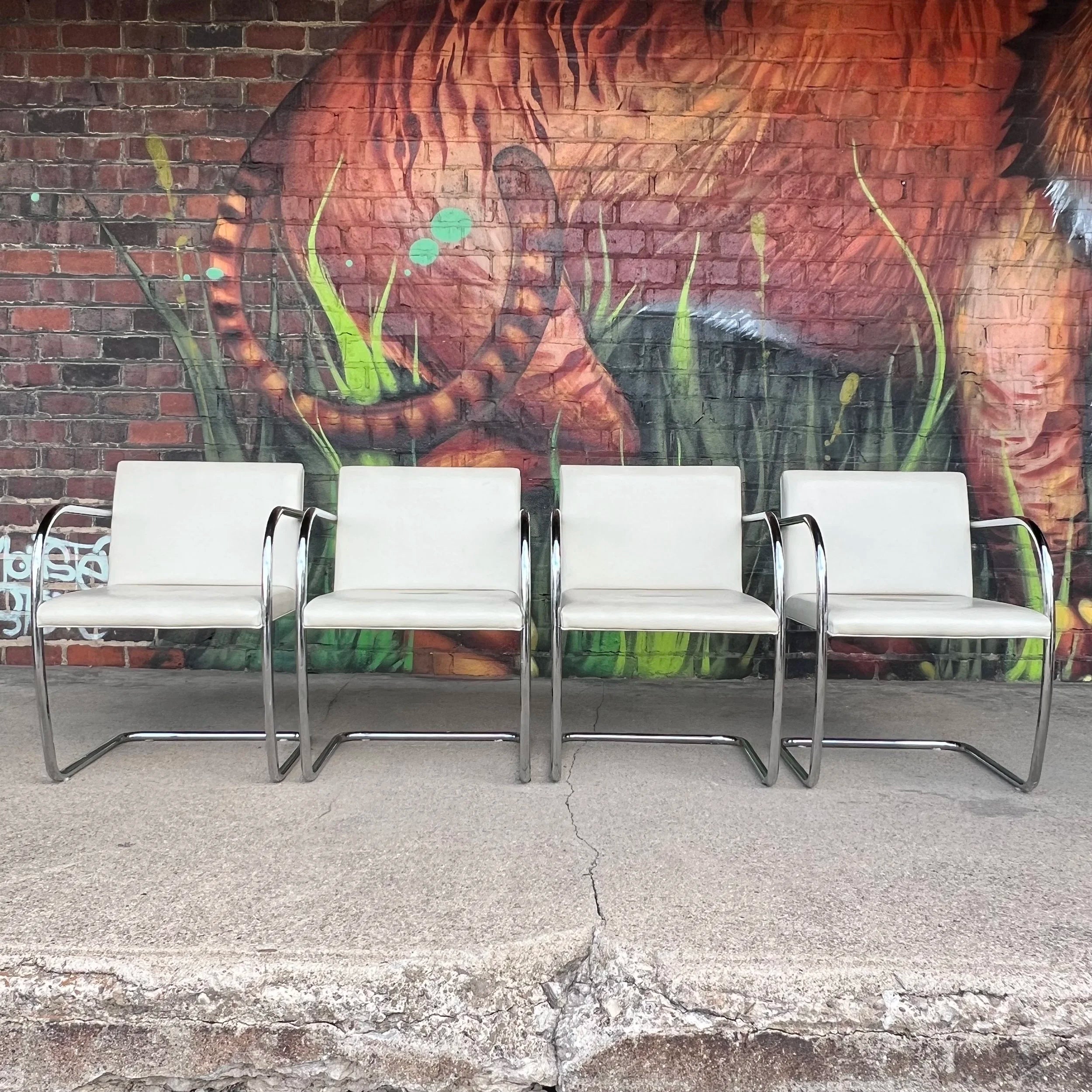 Set of Four Mies Van Der Rohe for Knoll Tubular Chrome Armchairs