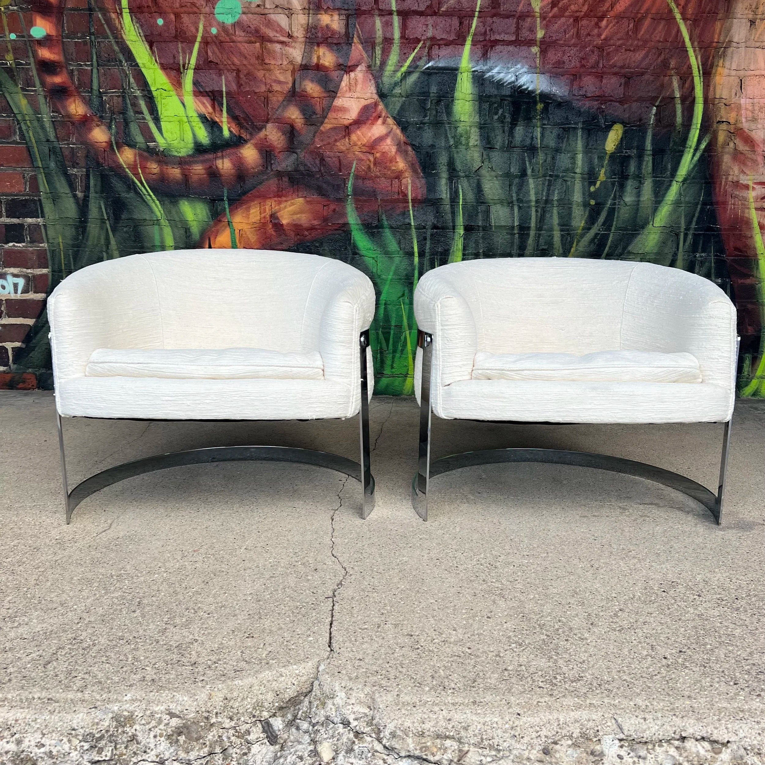 Pair of Cantilever Barrel Back Club Chairs on Chrome Base – Attributed to Milo Baughman