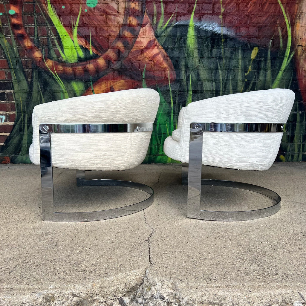 Pair of Cantilever Barrel Back Club Chairs on Chrome Base – Attributed to Milo Baughman