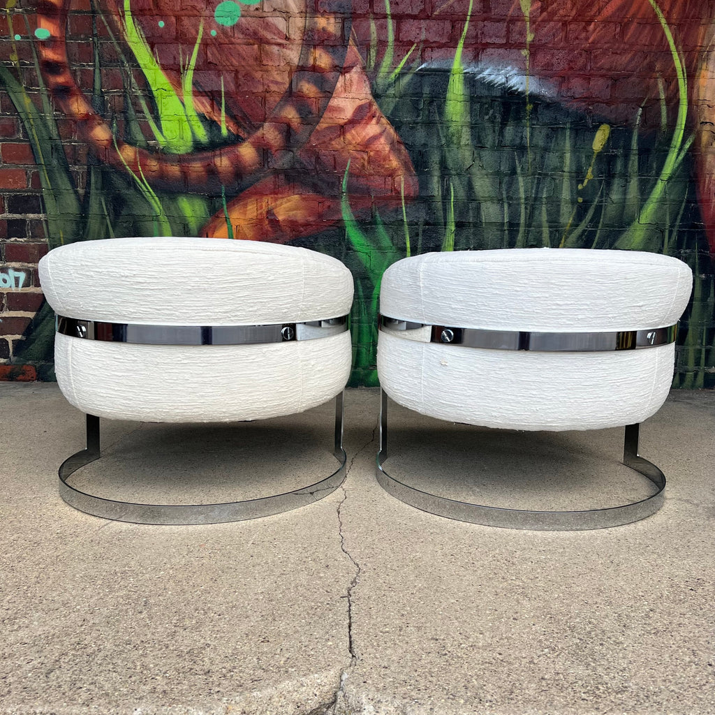 Pair of Cantilever Barrel Back Club Chairs on Chrome Base – Attributed to Milo Baughman