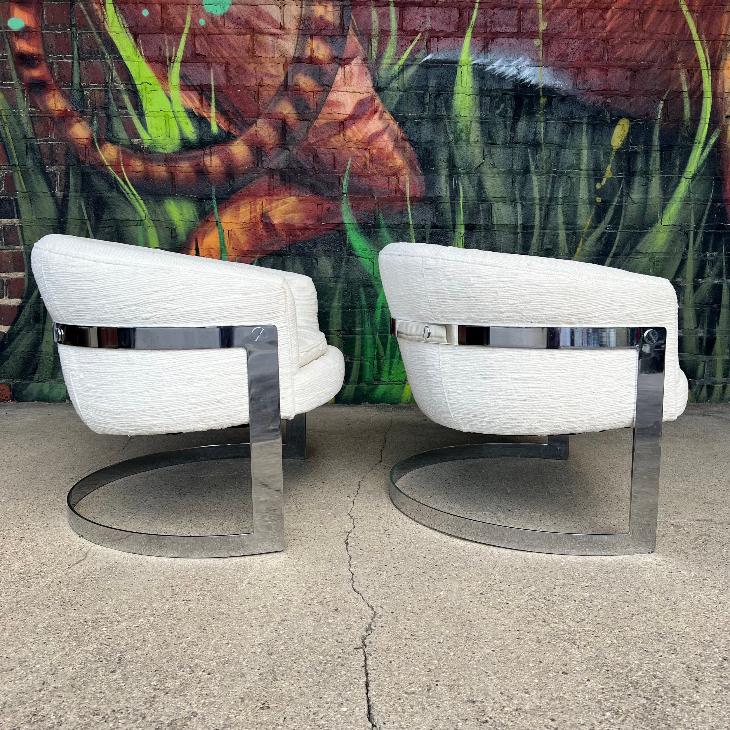 Pair of Cantilever Barrel Back Club Chairs on Chrome Base – Attributed to Milo Baughman