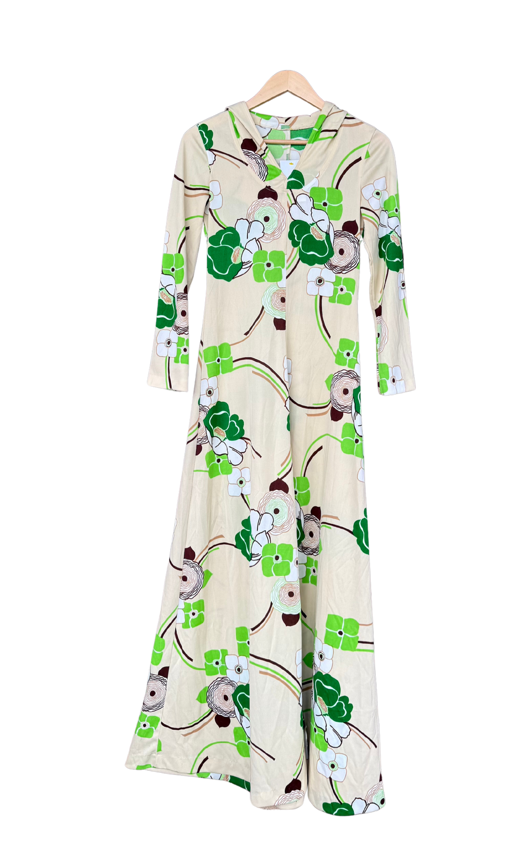 Tan and Green Floral Hooded Maxi Dress Size Small