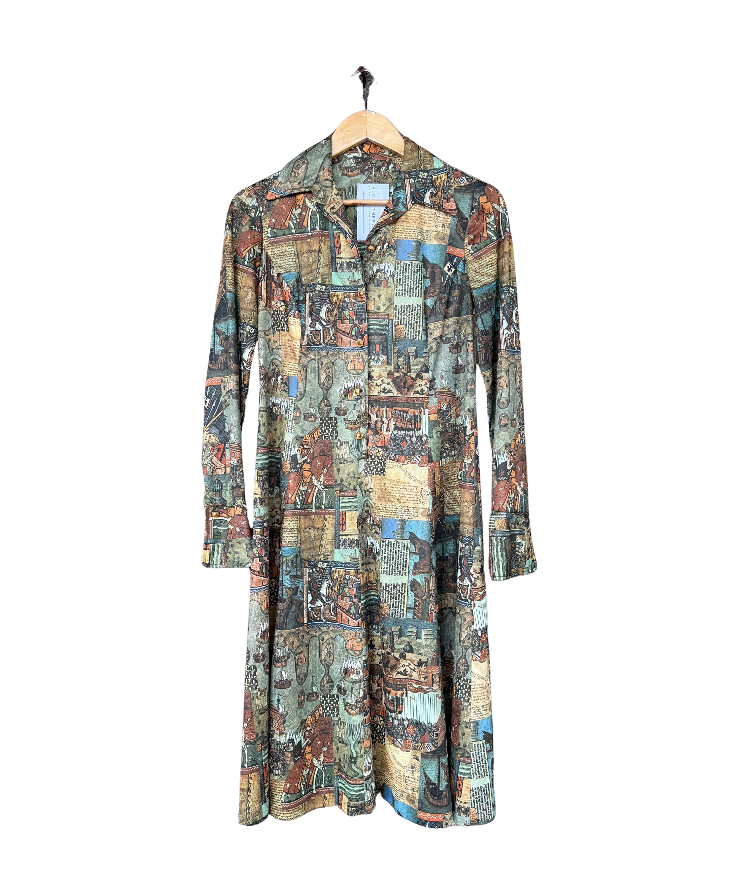 Vintage 1970s Green Medieval Printed Shirt Dress  Size Medium