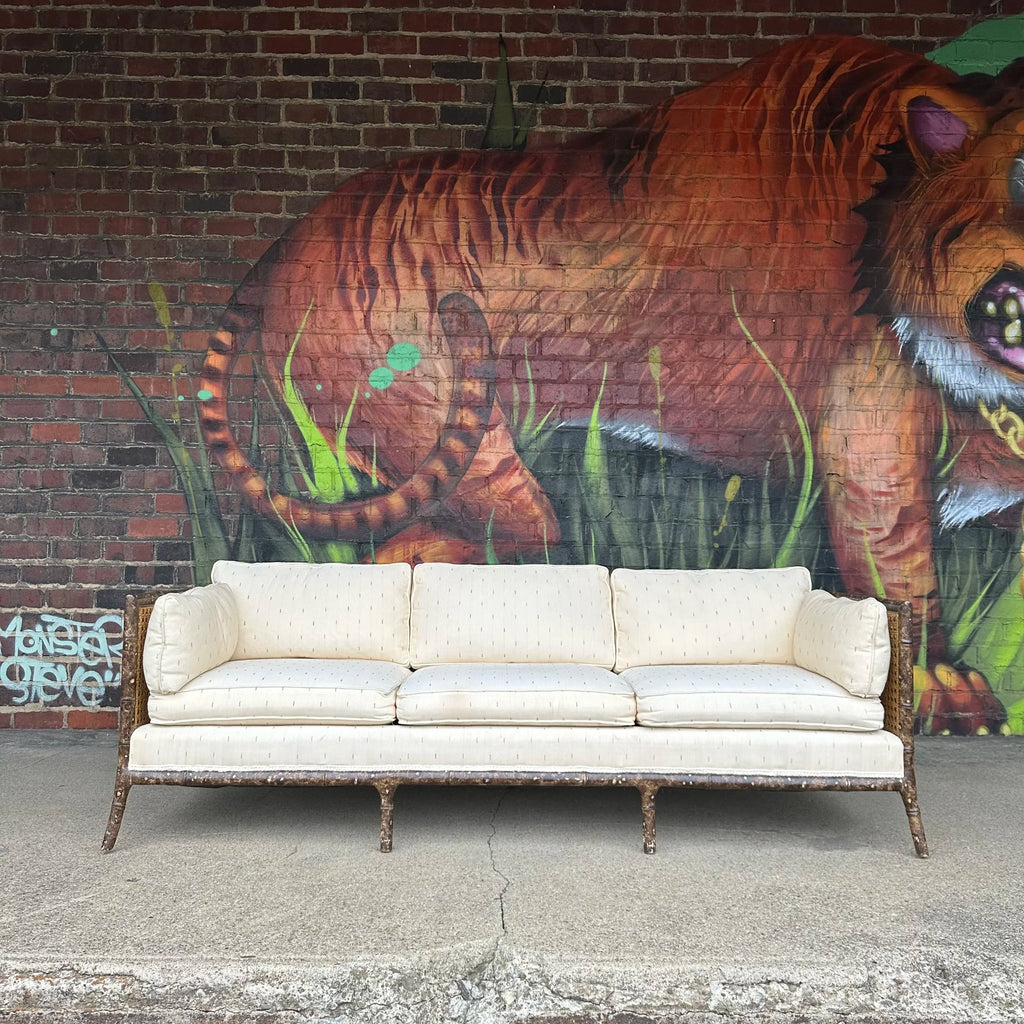 Vintage Faux Bamboo Sofa With Caned Arms in Style of Robsjohn Gibbings Mid-Century Modern