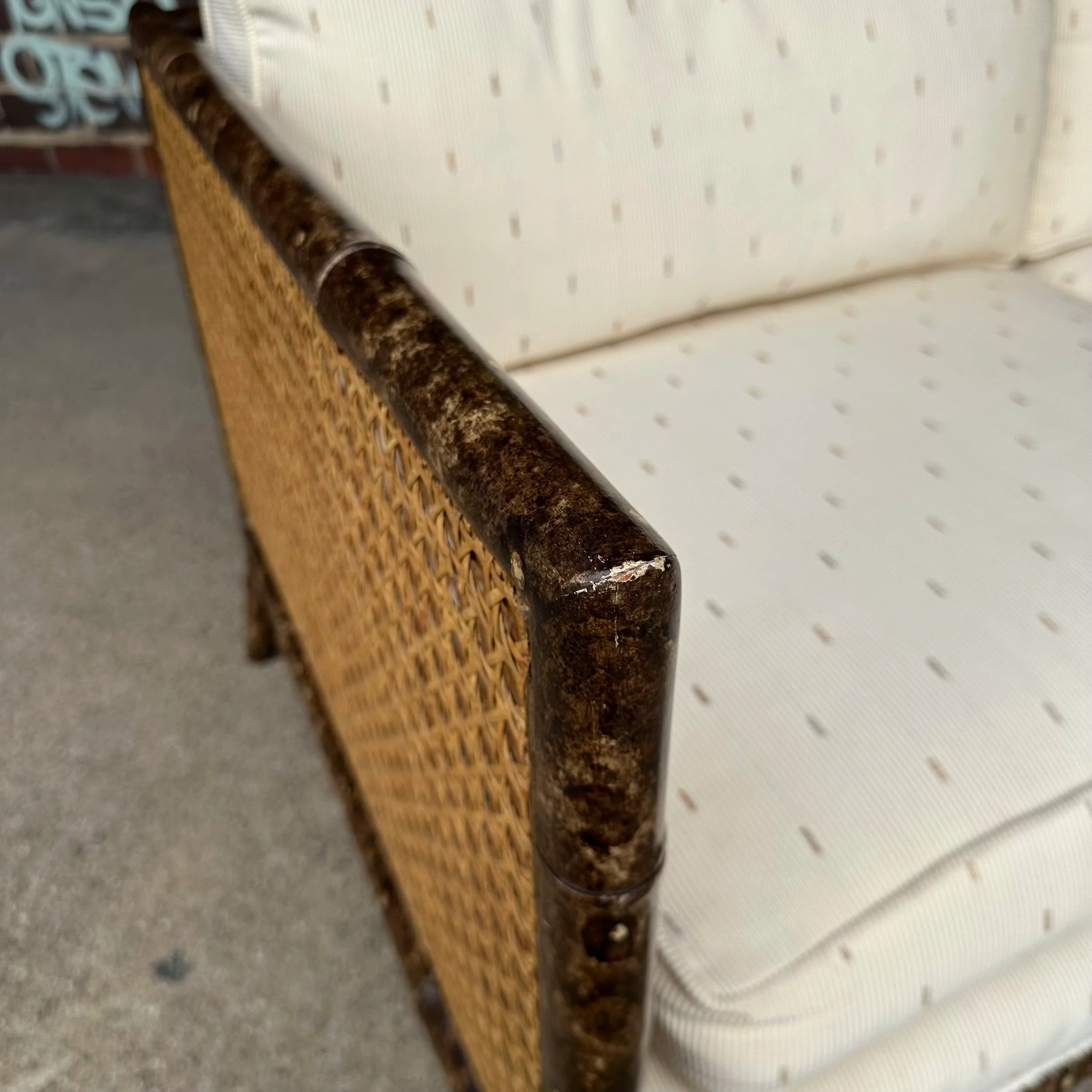 Vintage Faux Bamboo Sofa With Caned Arms in Style of Robsjohn Gibbings Mid-Century Modern