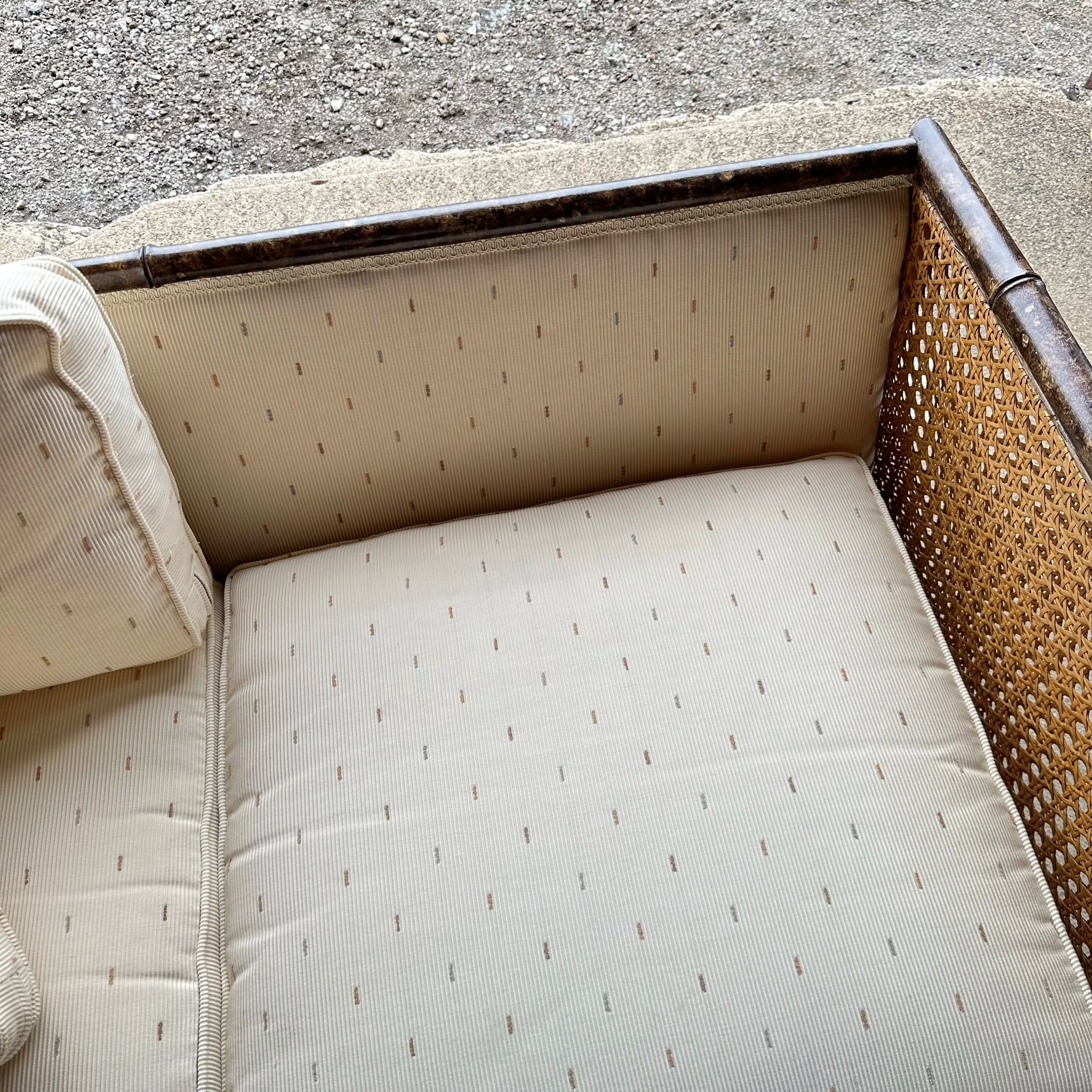 Vintage Faux Bamboo Sofa With Caned Arms in Style of Robsjohn Gibbings Mid-Century Modern