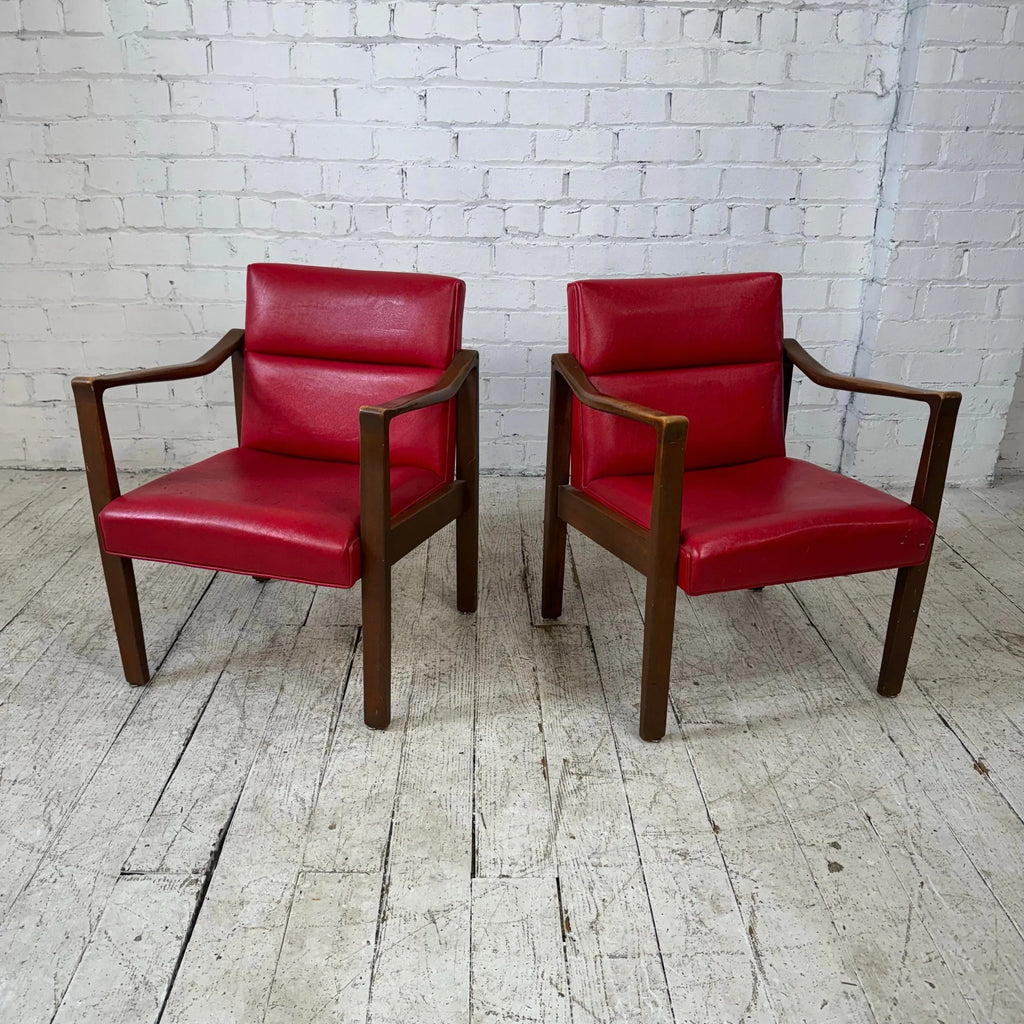 Mid Century Modern Pair of Red Vinyl Arm Chairs