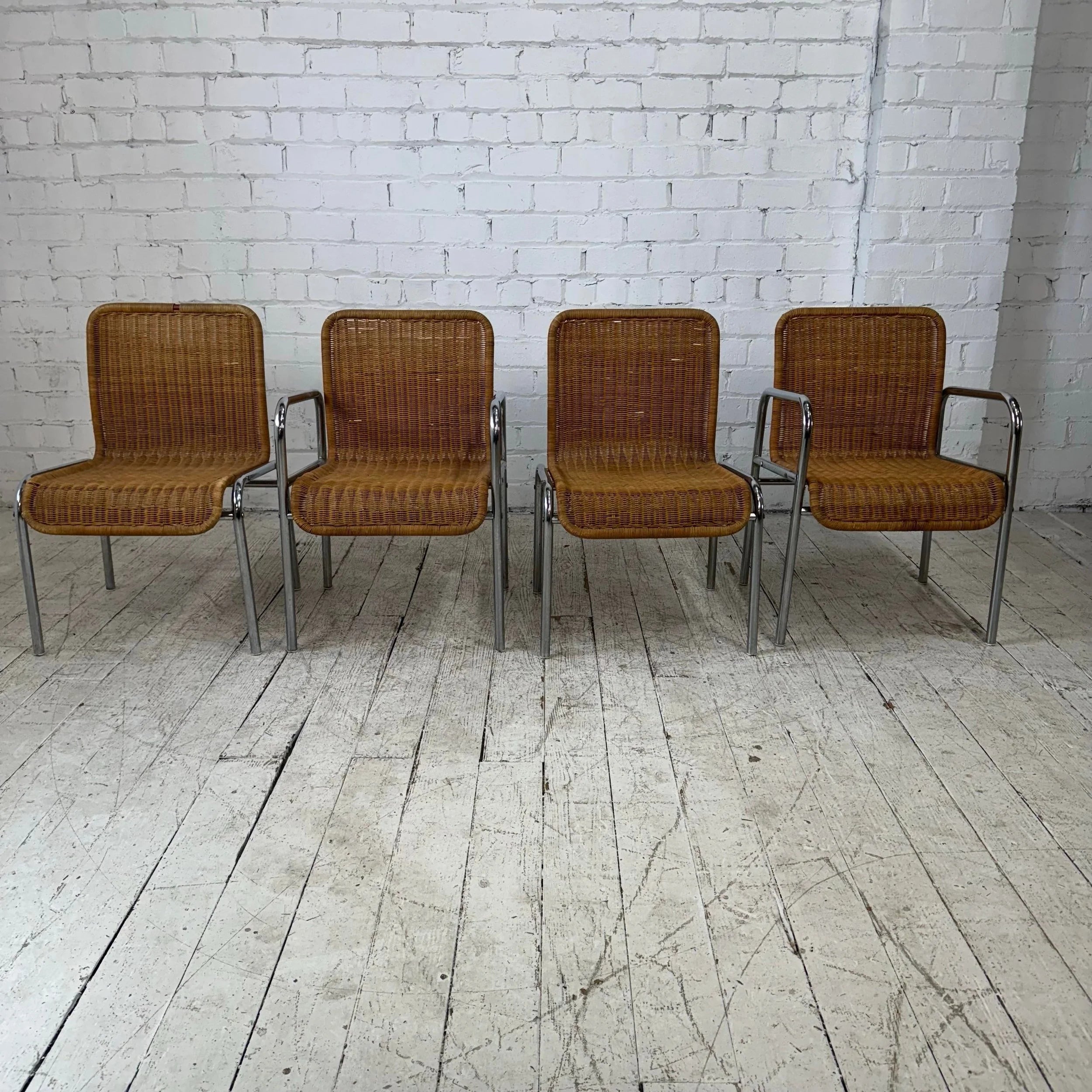 Set of 4 Tubular Chrome and Rattan Dining Chairs