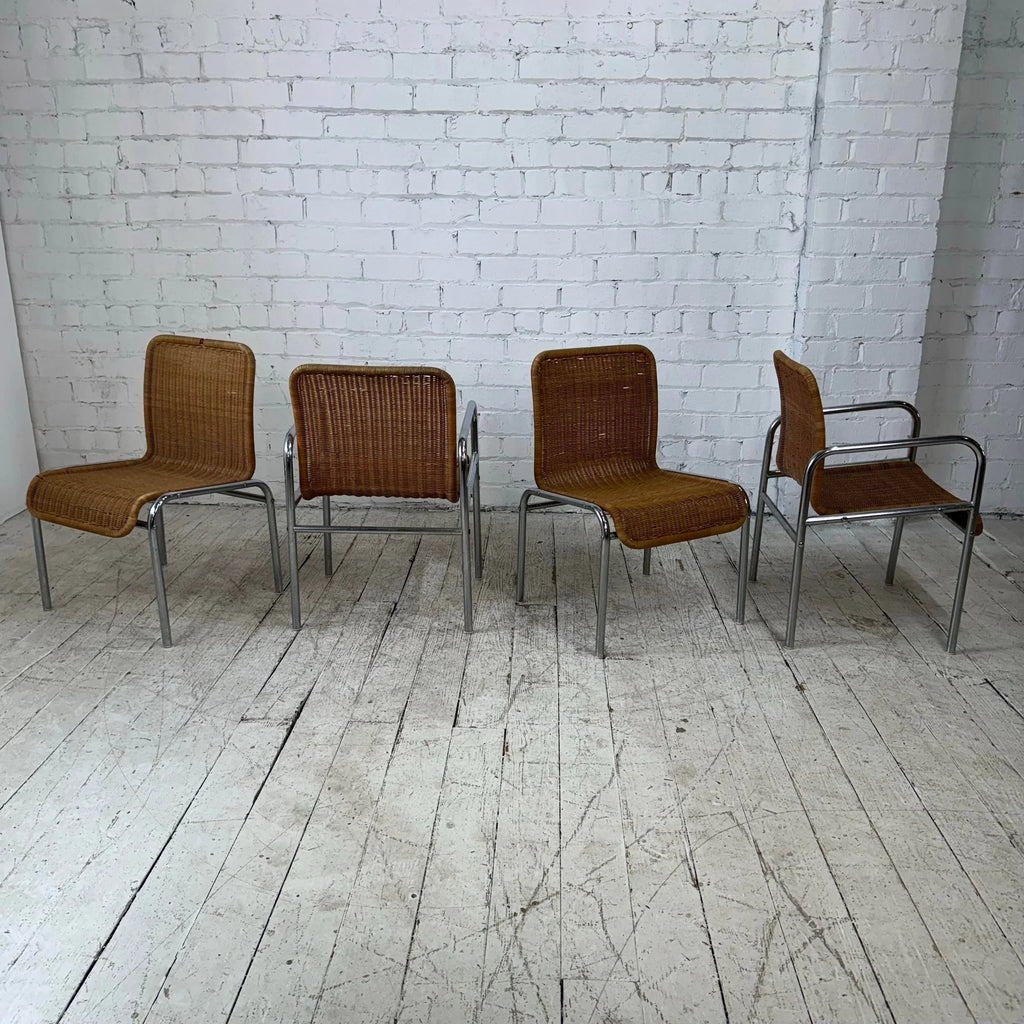 Set of 4 Tubular Chrome and Rattan Dining Chairs