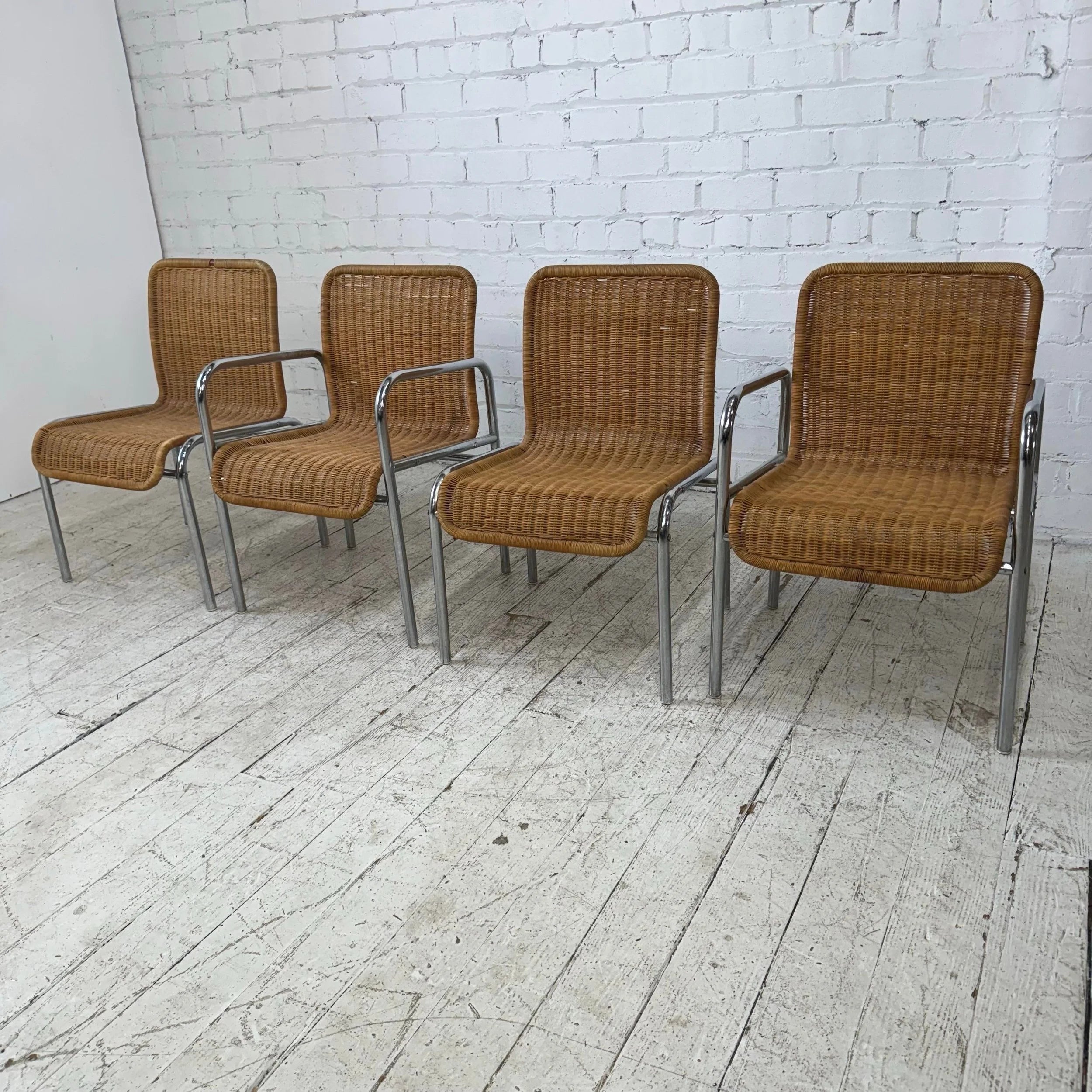 Set of 4 Tubular Chrome and Rattan Dining Chairs