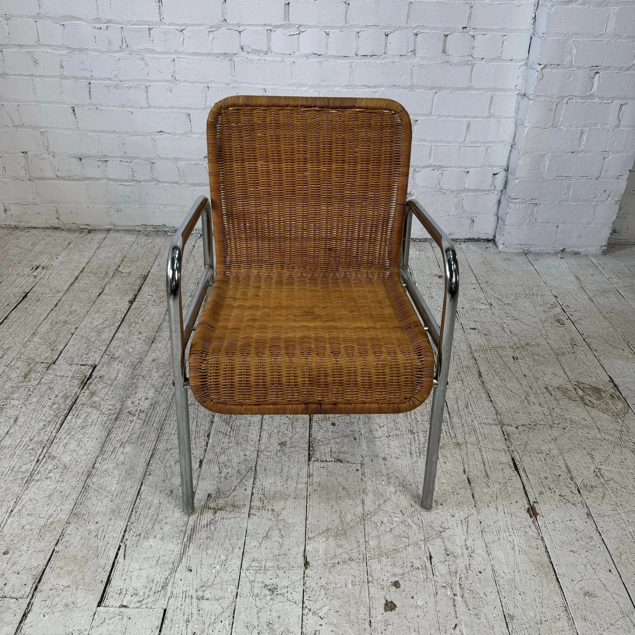 Set of 4 Tubular Chrome and Rattan Dining Chairs