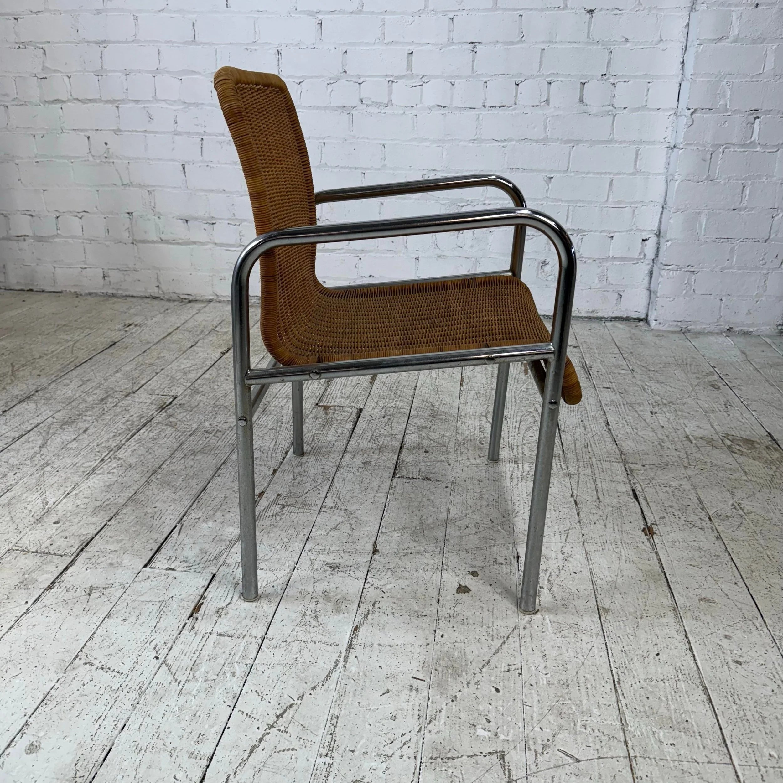 Set of 4 Tubular Chrome and Rattan Dining Chairs
