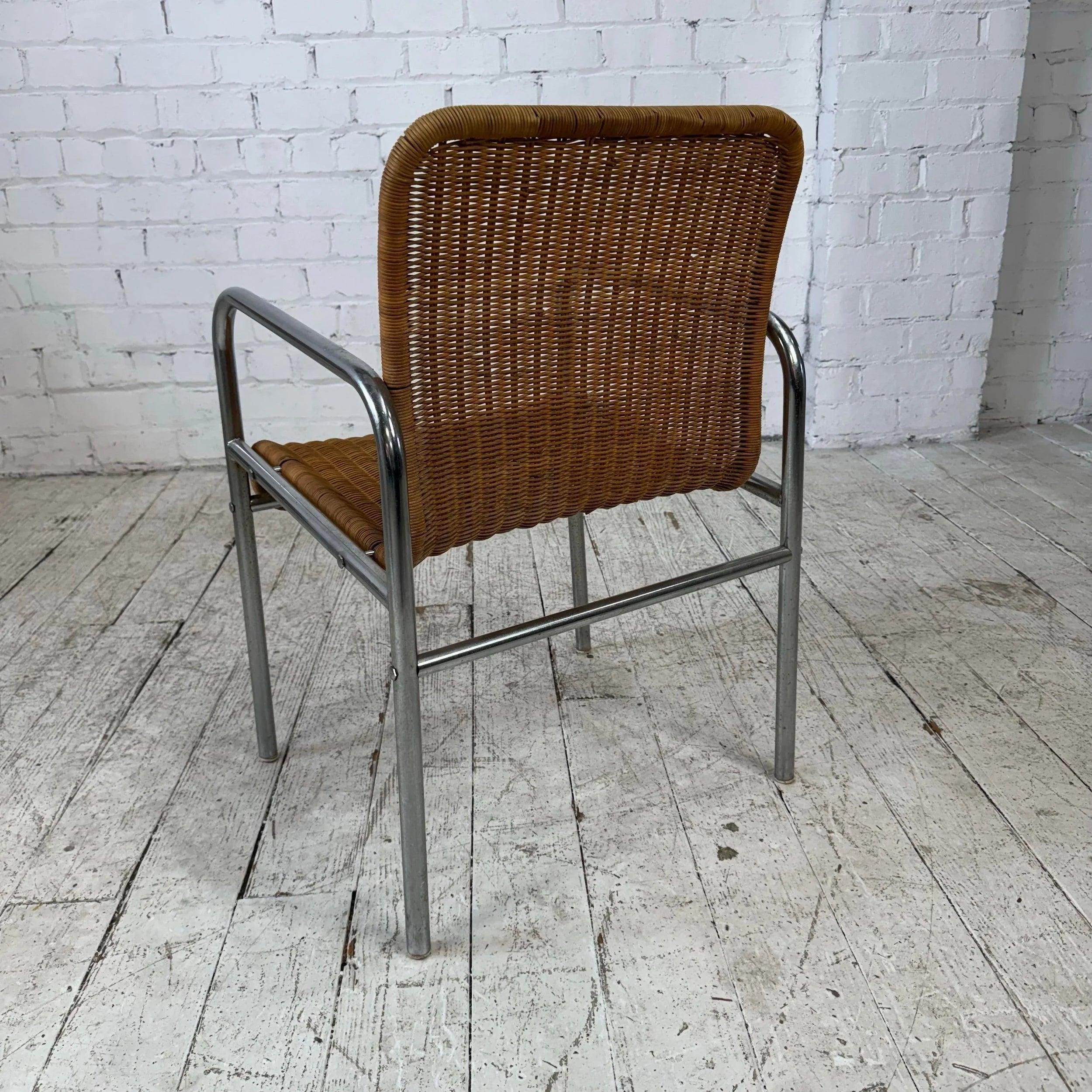 Set of 4 Tubular Chrome and Rattan Dining Chairs