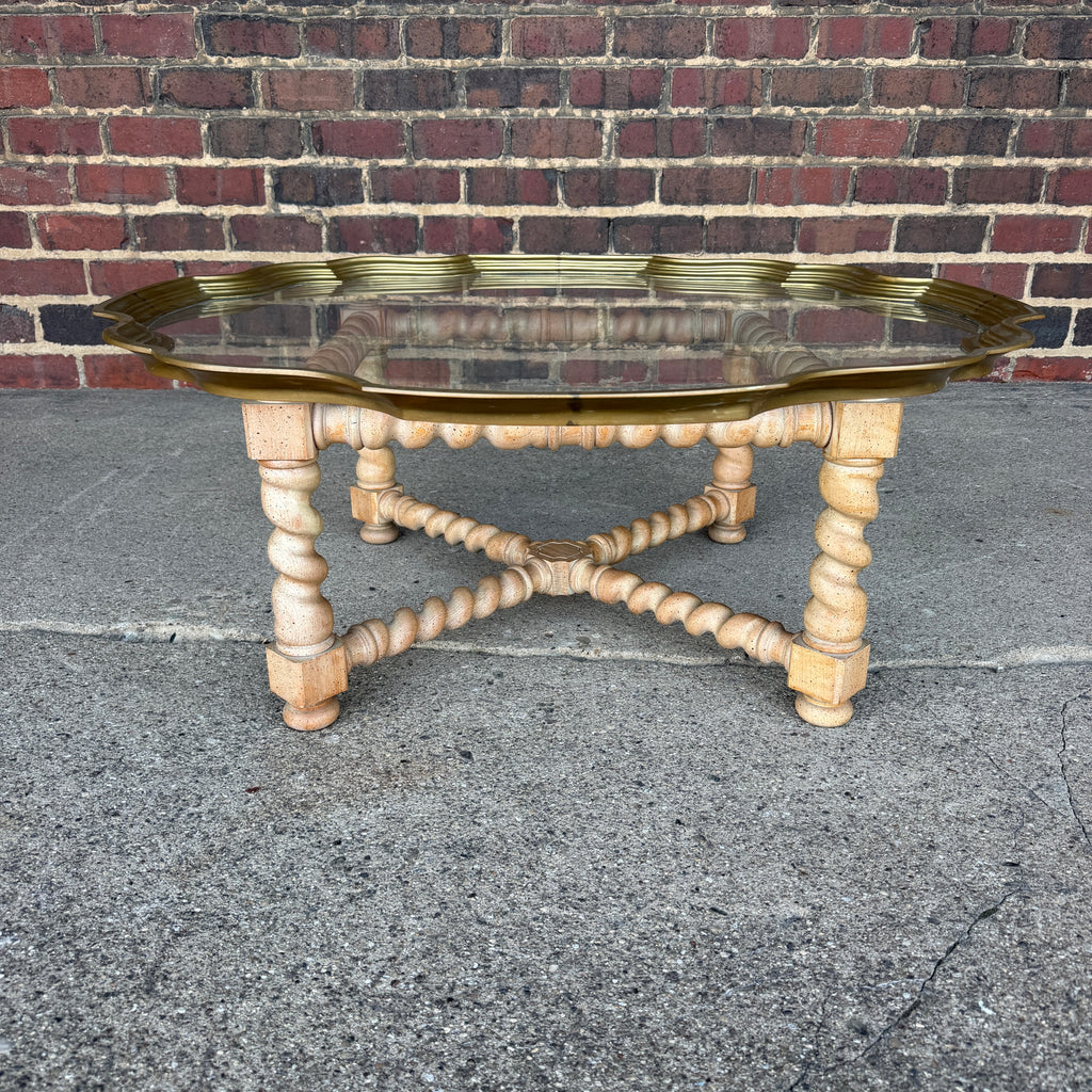 Baker Furniture Brass Glass and Oak Barley Twist Regency Coffee Table