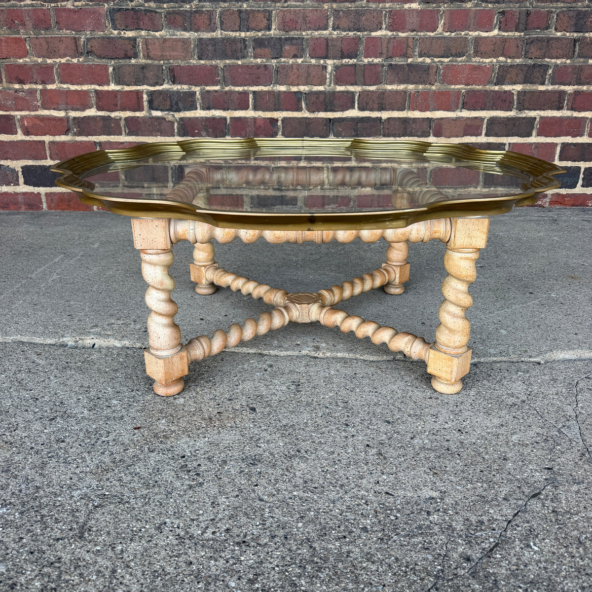 Baker Furniture Brass Glass and Oak Barley Twist Regency Coffee Table