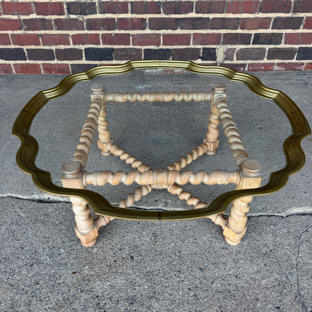 Baker Furniture Brass Glass and Oak Barley Twist Regency Coffee Table