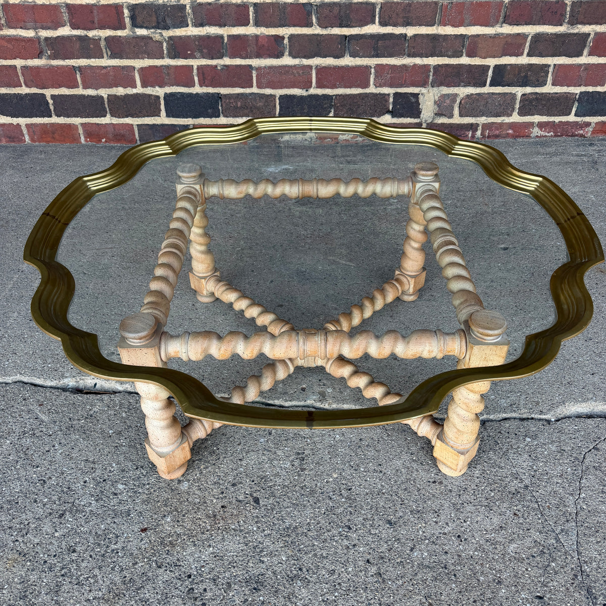 Baker Furniture Brass Glass and Oak Barley Twist Regency Coffee Table