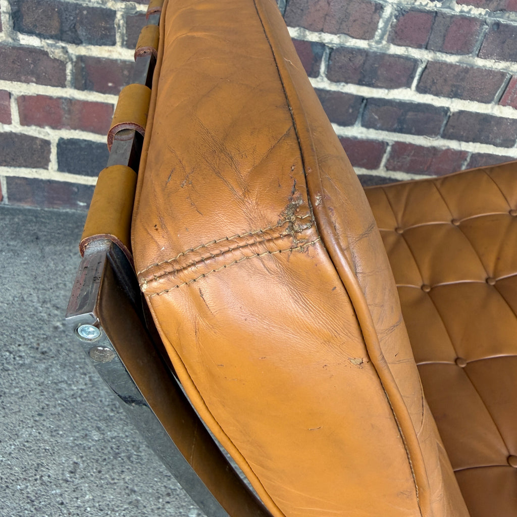 Tan Leather Mid Century Barcelona Style Lounge Chair