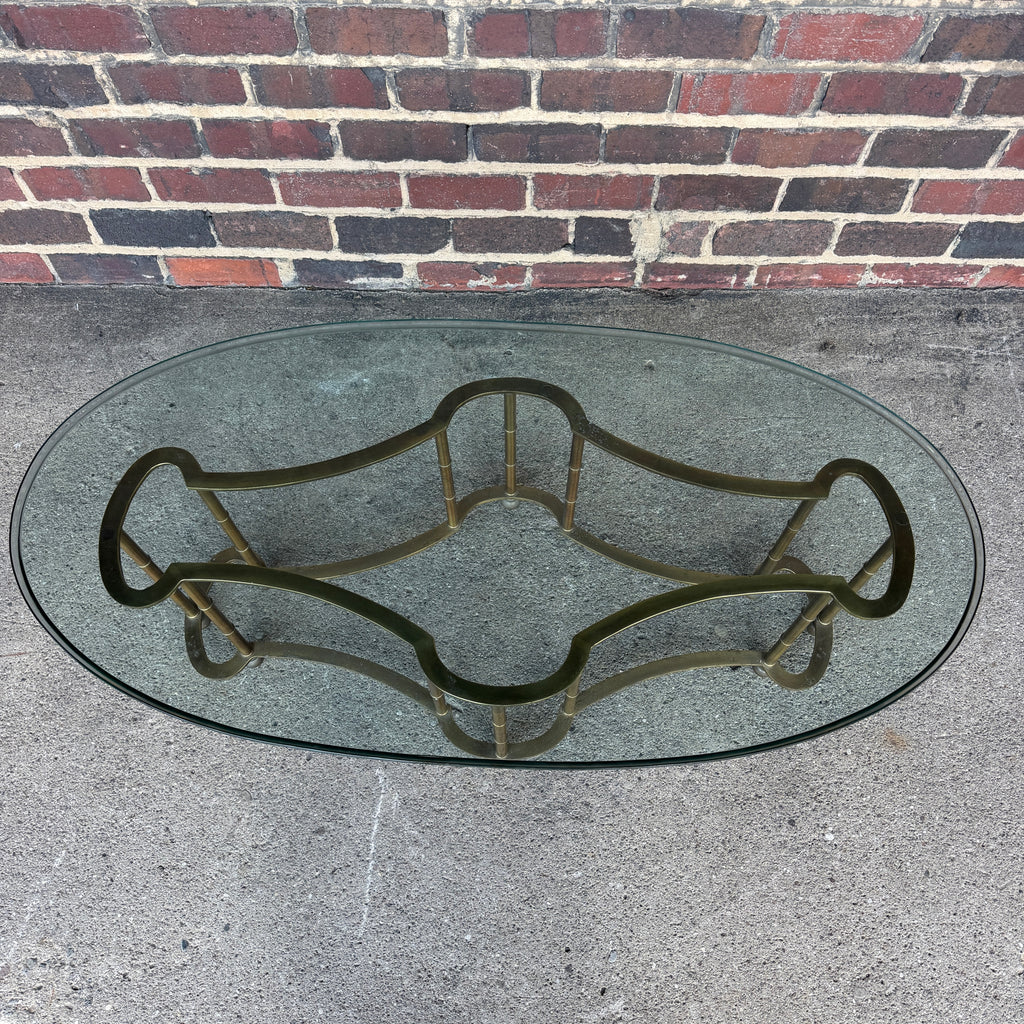 Mastercraft Brass and Glass Racetrack Oval Coffee Table