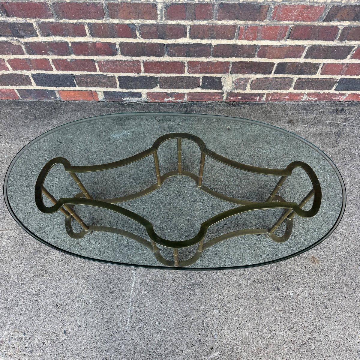 Mastercraft Brass and Glass Racetrack Oval Coffee Table