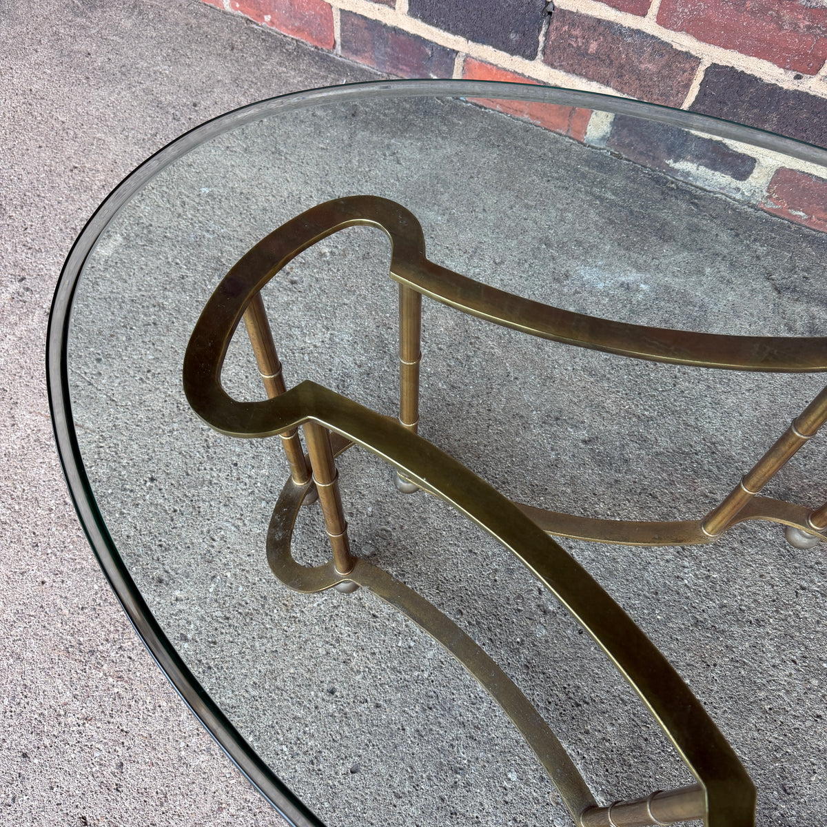 Mastercraft Brass and Glass Racetrack Oval Coffee Table