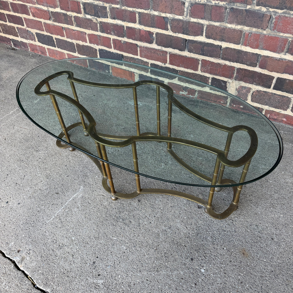 Mastercraft Brass and Glass Racetrack Oval Coffee Table