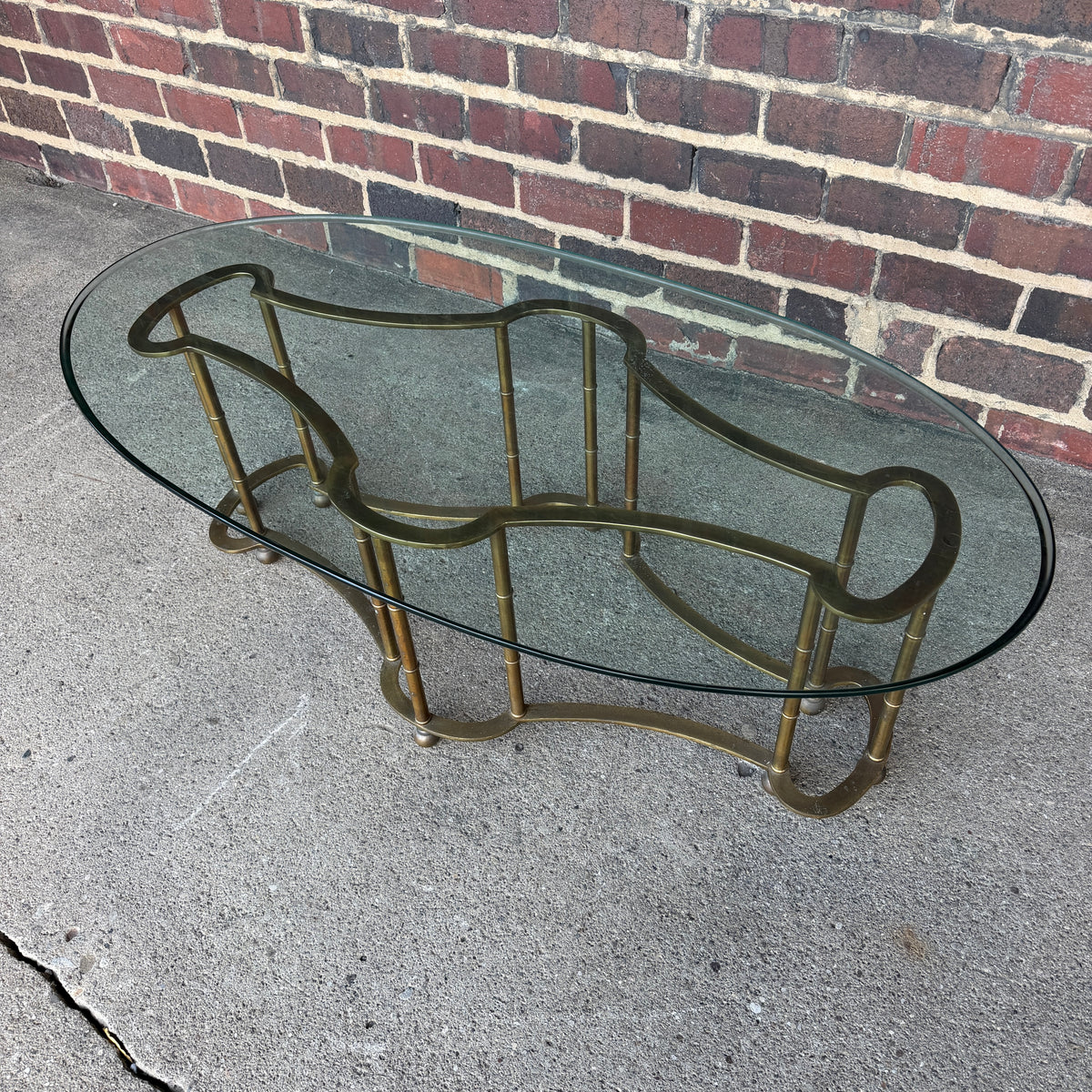Mastercraft Brass and Glass Racetrack Oval Coffee Table
