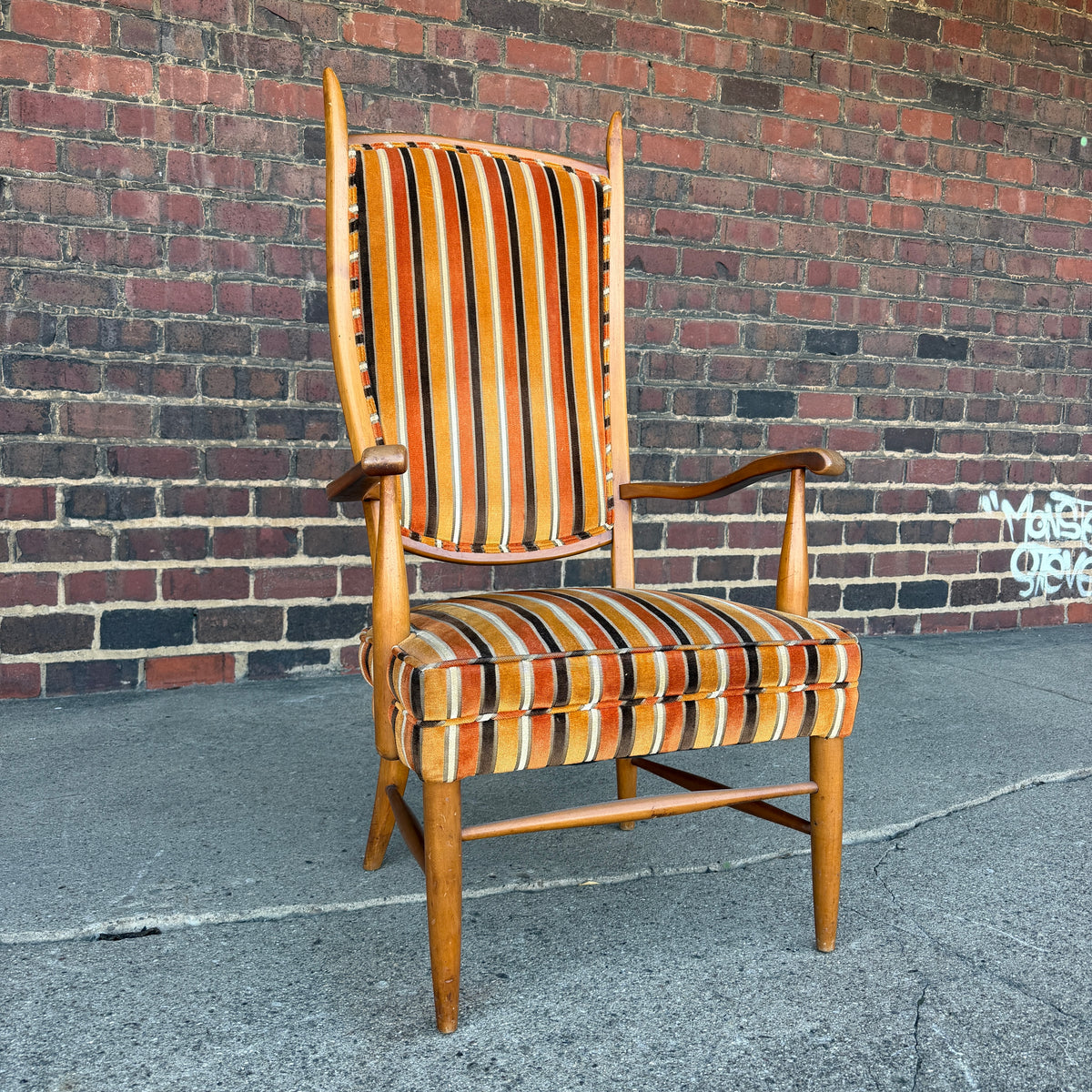 Maxwell Royal Orange and Brown Striped Mid-Century Modern High Back Arm Chair