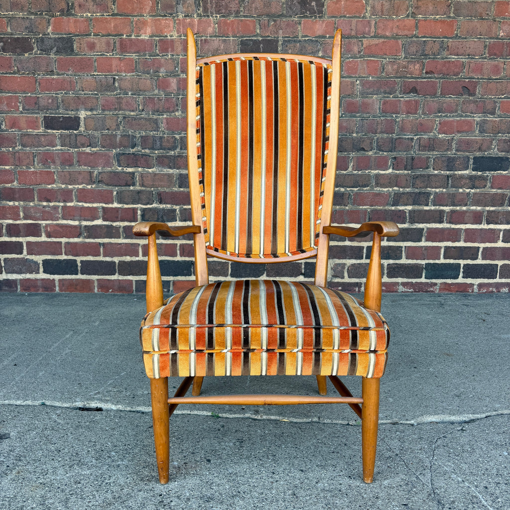 Maxwell Royal Orange and Brown Striped Mid-Century Modern High Back Arm Chair