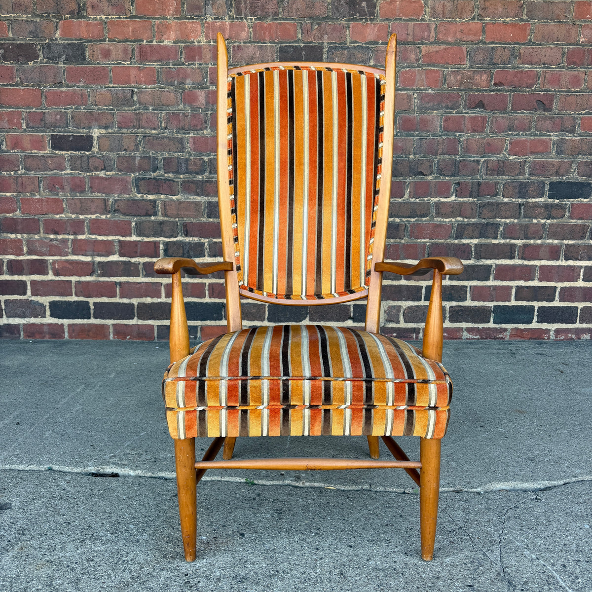 Maxwell Royal Orange and Brown Striped Mid-Century Modern High Back Arm Chair