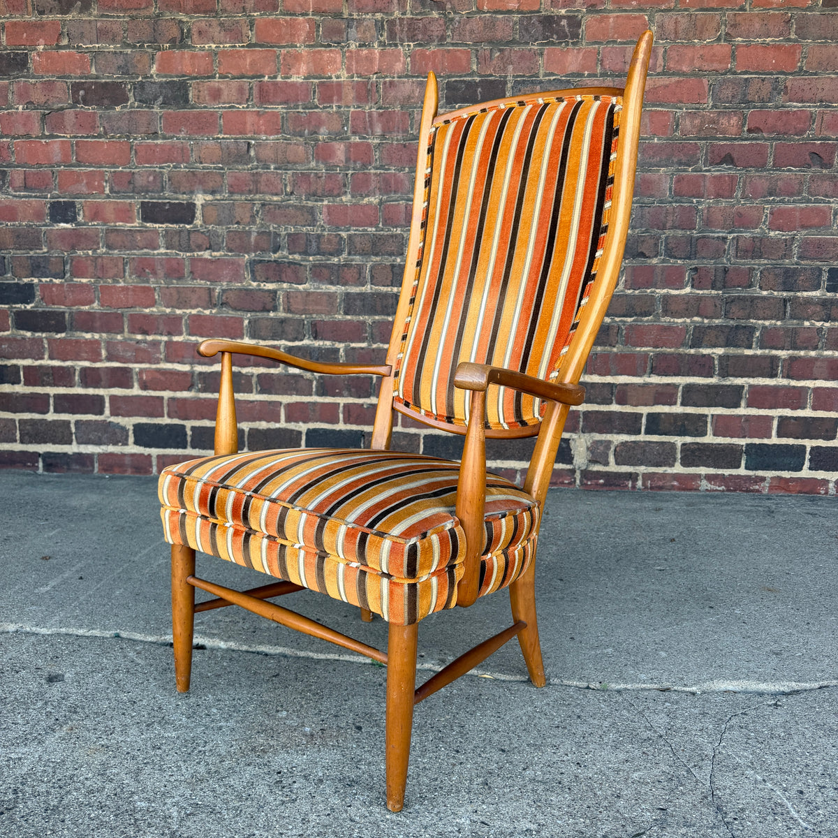 Maxwell Royal Orange and Brown Striped Mid-Century Modern High Back Arm Chair