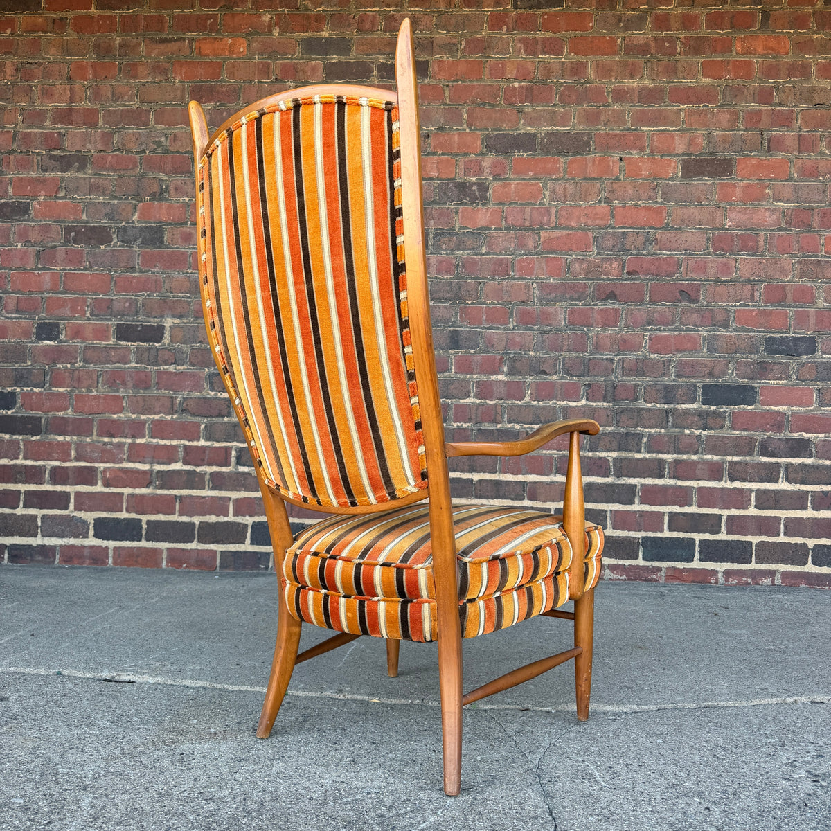 Maxwell Royal Orange and Brown Striped Mid-Century Modern High Back Arm Chair